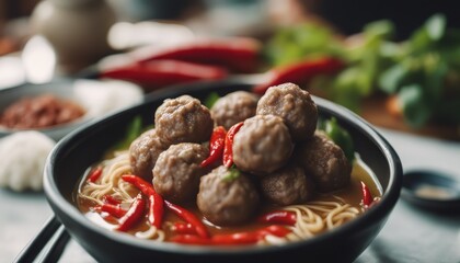Indonesian Famous Foodstreet Bakso or Meatballs in white bowl