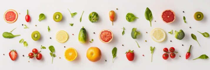 Fresh and Colorful Produce Medley on White Background - Top View Minimalistic Food Composition