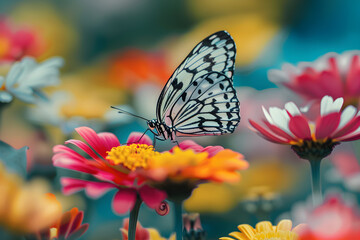 High-resolution macro shot of a butterfly on a colorful flower.


