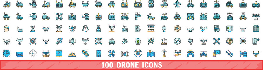 100 drone icons set. Color line set of drone vector icons thin line color flat on white