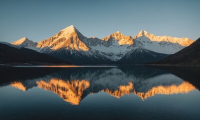 Fototapeta premium Mountain range reflecting in a still lake at sunset