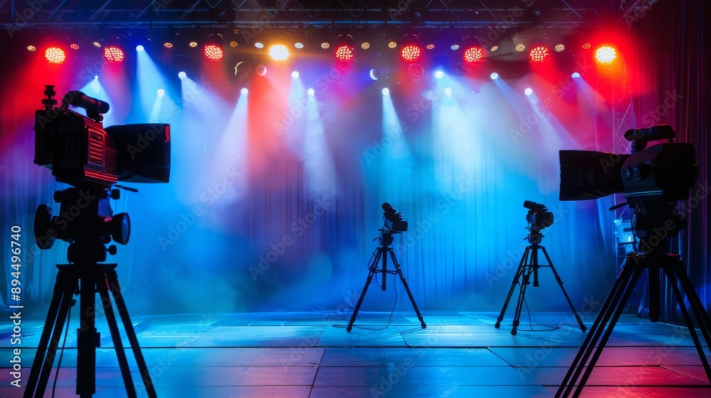 Poster three cameras on tripods are set up on a stage, with colorful spotlights illuminating the scene.