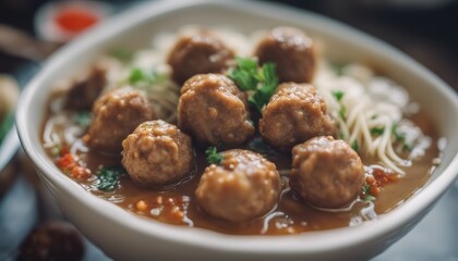 Indonesian Famous Foodstreet Bakso or Meatballs in white bowl