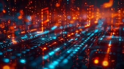 High-Resolution Futuristic 3D Background with Colorful Digital Lights and Tech Elements