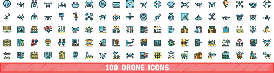 100 drone icons set. Color line set of drone vector icons thin line color flat on white