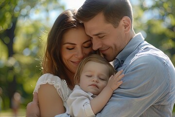 Loving family with toddler embracing in park sunlight