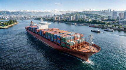 Fototapeta premium In harbor massive container cargo ship serves international trade. Generative AI