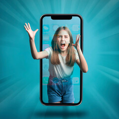 Teenage girl aggressively shouting and gesticulating from inside a smartphone. Suggestive of cyber bullying and online peer and influencer pressure