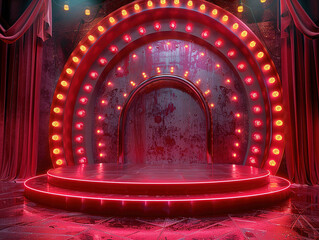 Circus stage podium background 3D carnival light red show curtain. Circus platform stage podium tent theater arena sign vintage spotlight circle stand bulb ringmaster ring cirque cartoon party cinema