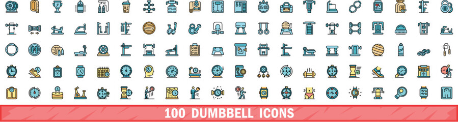 100 dumbbell icons set. Color line set of dumbbell vector icons thin line color flat on white