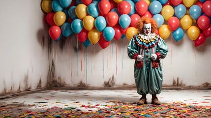 Halloween creepy evil clown with a colorful balloons observer you, Generative AI