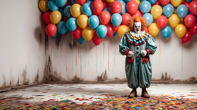 Halloween creepy evil clown with a colorful balloons observer you, Generative AI - Powered by Adobe