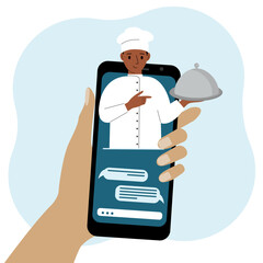 Online food shopping on mobile phone or fast food delivery order. The cook holds a tray with a lid or a plate with a cloche. Vector flat illustration.