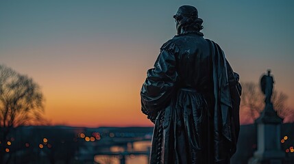 Fototapeta premium Statue silhouetted against a vibrant sunset, set near a river with distant lights illuminating the serene evening scene.