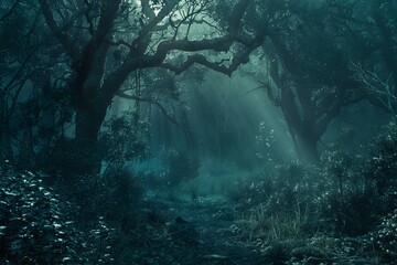 Mysterious scenic view of a path winding through a foggy, lush forest at dusk