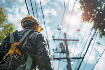 Technician wearing a harness while working on a power line