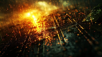 Fototapeta premium Close-up of a solar panel during a rainstorm, dark, cloudy sky, raindrops splashing on the surface, dynamic and wet, dramatic.