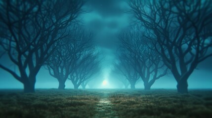 Misty Pathway Through Bare Trees at Dawn