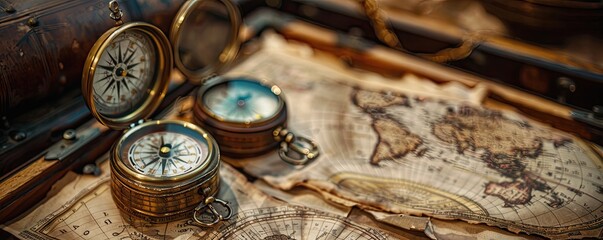 Vintage compasses on an old world map, representing adventure, exploration, and journey through time and history.