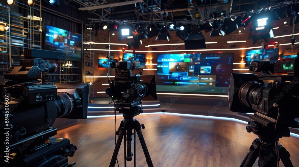 Poster two professional cameras on tripods are positioned in a television studio, ready to film a broadcast