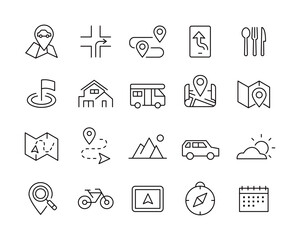 Road Trip Icons - Vector Line. Editable Stroke.