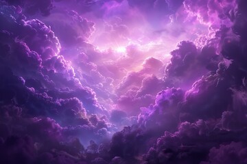Surreal landscape with vibrant purple clouds illuminated by piercing sunbeams