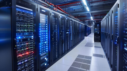 Network server room at a data center. Features racks of servers with blinking lights, cables neatly organized, and cooling systems in place. The room is designed for optimal data processing 