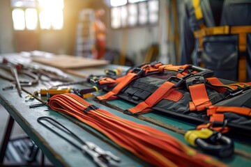 Fototapeta premium Safety harness and equipment laid out on a table with a worker preparing to put them on