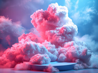 Fototapeta premium Cloud background podium blue 3d product sky white display platform render abstract stage pastel scene. Podium stand light minimal cloud background studio dreamy pedestal backdrop png smoke geometric
