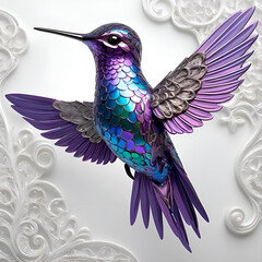 Obraz premium A majestic hummingbird sculpted from iridescent metallic blue and purple hues, isolated on a pristine white background with subtle margins, boasting ultrafine details that shimmer in the light