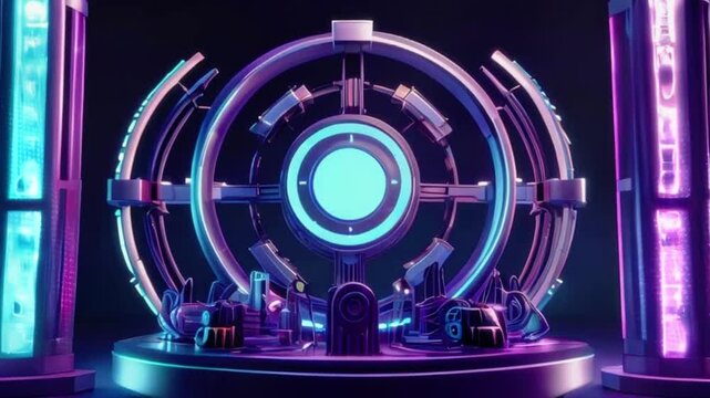 A circular portal with intricate machinery at its edges glows with ethereal blue light, hinting at advanced technology or interdimensional travel. Concentric metallic rings add precision.