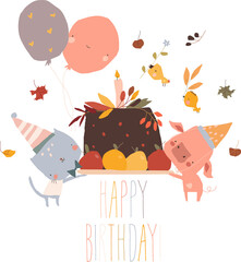 Happy Cartoon Friends Animals celebrating Autumn Birthday. Vector Illustration