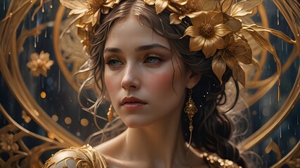 portrait of a woman with golden makeup,queen, advertising, artist, brilliance, dust, expensive, glamorous, glamour, glowing, gold