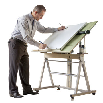 Architect drawing blueprints on a drafting table, focusing on design and planning