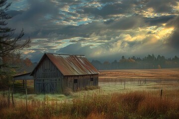 Serene dawn scene with an old barn amidst a glistening field under a dramatic sky