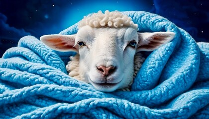 white beautiful relaxed wool sheep protected by a blue blanke, night	