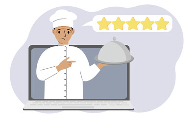 A site with reviews of online grocery shopping through a laptop or ordering fast food delivery. The cook holds a tray with a lid or a plate with a lid.Vector flat illustration