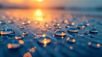 Side angle view of a solar panel array, desert landscape, dewdrops on the panels, sparkling effect, expansive composition.