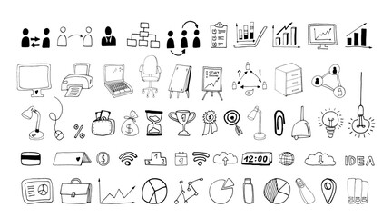 Hand drawn doodle set of business process and work office elements. © anntre