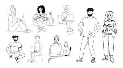 Hand drawn doodle man and woman with laptop and book. Work at home, freelance, online study