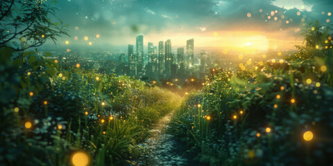 Obraz premium Scenic pathway through lush greenery with a modern city skyline in the distance, illuminated by a stunning sunset.