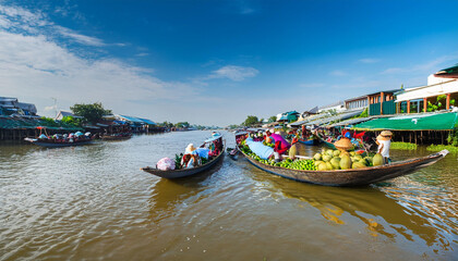 The bustling floating market in the Mekong Delta, with vendors selling fresh produce from boats, showcasing the vibrant and dynamic marketplace culture of Vietnam.