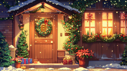 Cozy winter holiday scene with a decorated front door, festive wreath, snow-covered pathway, and decorated Christmas trees