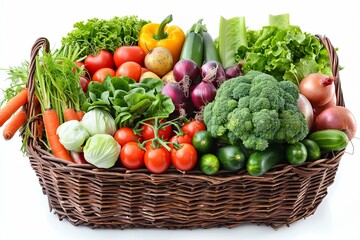 Fototapeta premium Vibrant selection of fresh vegetables displayed in a rustic wicker basket on a white background