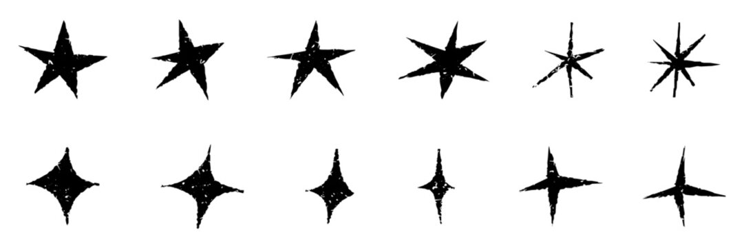 Grunge star set. Shine sparkle vector symbols