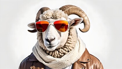 Sheep head wearing sunglasses on the human body of a man wearing winter clothes on white background - The Islamic religious holiday Eid al-Adha Mubarak