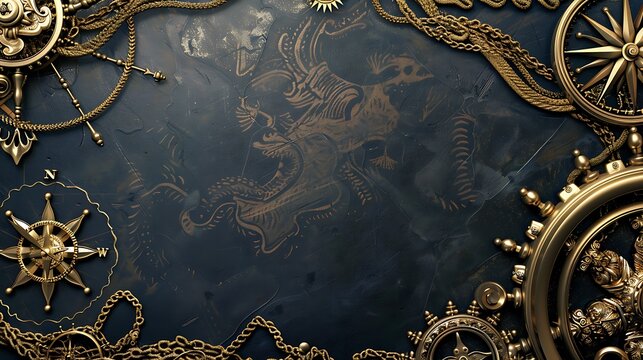 Golden Compass and Ship Wheel on a Dark Background.