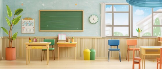 Bright and colorful classroom with a chalkboard, desks, chairs, and plants, designed for an engaging learning environment.