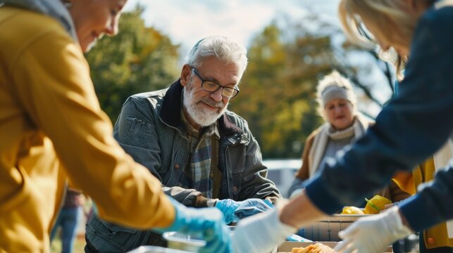 Ein Akt der Gemeinschaft: Freiwillige verteilen Essen an Bed&uuml;rftige. Ein &auml;lterer Mann nimmt dankbar eine warme Mahlzeit entgegen und f&uuml;hlt sich willkommen.