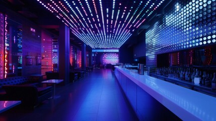 A dimly lit nightclub bar with a long white countertop and rows of liquor bottles. The ceiling is covered in colorful LED lights, creating a vibrant and exciting atmosphere.